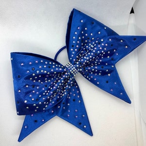 Satin Sewn Cheer bow with AB and Black Scattered rhinestones in your color choice