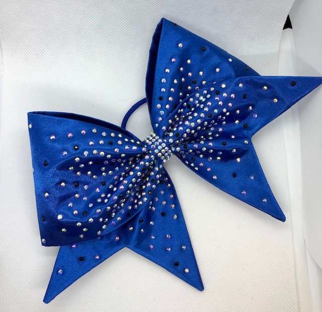 Satin Sewn Cheer bow with AB and Black Scattered rhinestones in your color choice