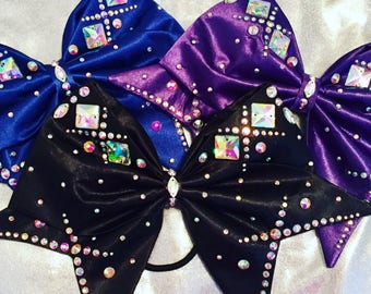 Satin Hand Sewn Cheer Bow with AB Crystals and Jewels, Your color Choice