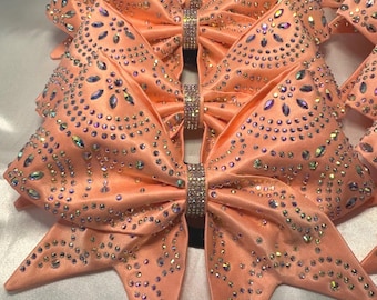 Satin Sewn Cheer bow with AB rhinestone shape accents in your color choice