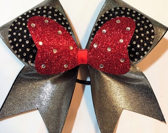 Disney inspired Minnie Mouse Cheer Bow with rhinestone ears and red glitter bow
