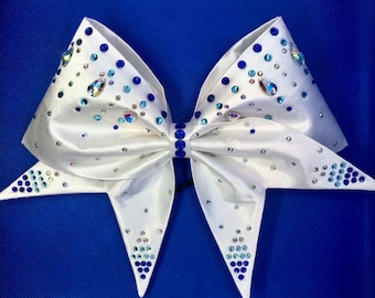 White Satin Bow with AB, Royal and Aqua Blue Crystals