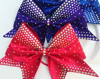 Sewn satin cheer bow with AB crystal rhinestones in your color choice