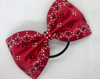 Sewn Red Satin Tailless Bow with Black and AB Crystal Rhinestones-More Color choices