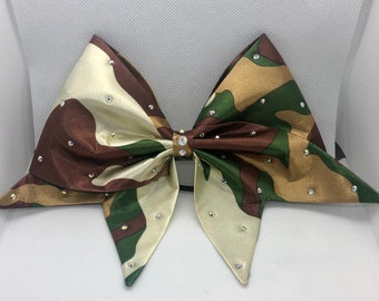 Sewn Satin Camouflage Bow with Scattered Rhinestones