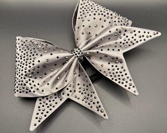 Sewn Satin Dark Gray Bow with Black and Hemetite Rhinestones