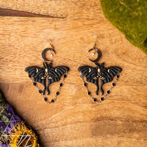 Intricate Black Luna Moth Clay & Charm Earrings | Lightweight | Nickel-Free