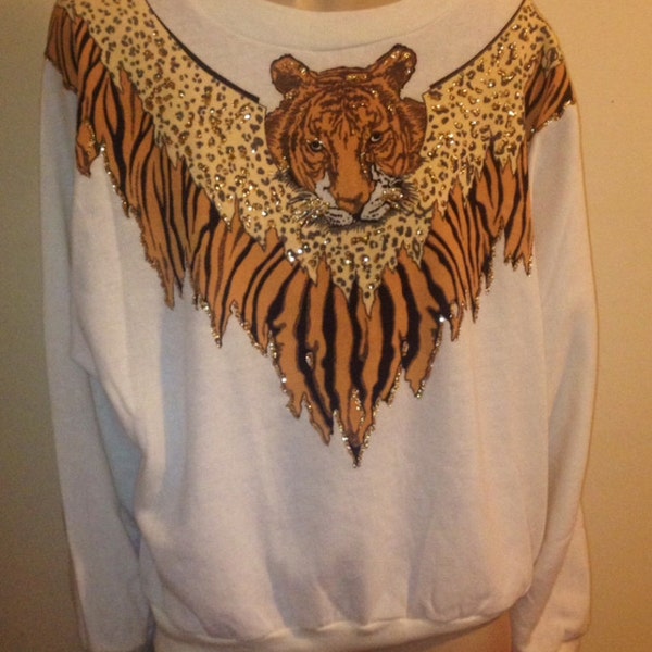 SALE!! Vintage 1990s FREDERICK  HOLLYWOOD Tiger Glitter Batwing Jumper Pullover sweatshirt nu wave hip hop size  Large