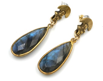 Brass Ax Labradorite Earrings // Statement Earrings // Blue Stone Earrings // Brass and Stone Earrings // Healing Stone Earrings
