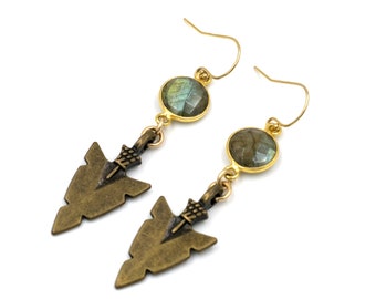 Brass Arrowhead Labradorite Earrings // Statement Earrings // Arrow Earrings // Brass and Stone Earrings // Healing Stone Earrings