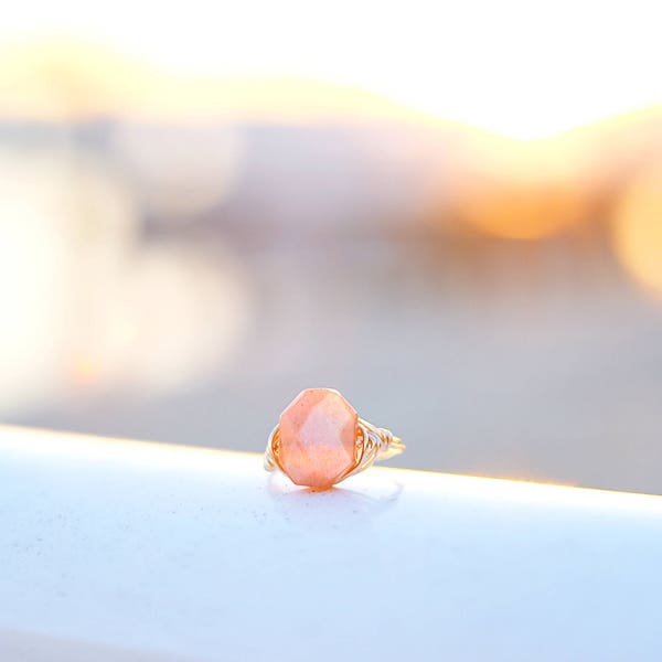 Hexagon Peach Moonstone Wire Wrapped Ring | Anti Tarnish Wire Ring