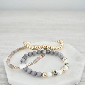 Personalized Name Gray Agate, Mother of Pearl Gold Filled Beaded Bracelet Stacking Mama Bracelet Kids Name Bracelet image 3