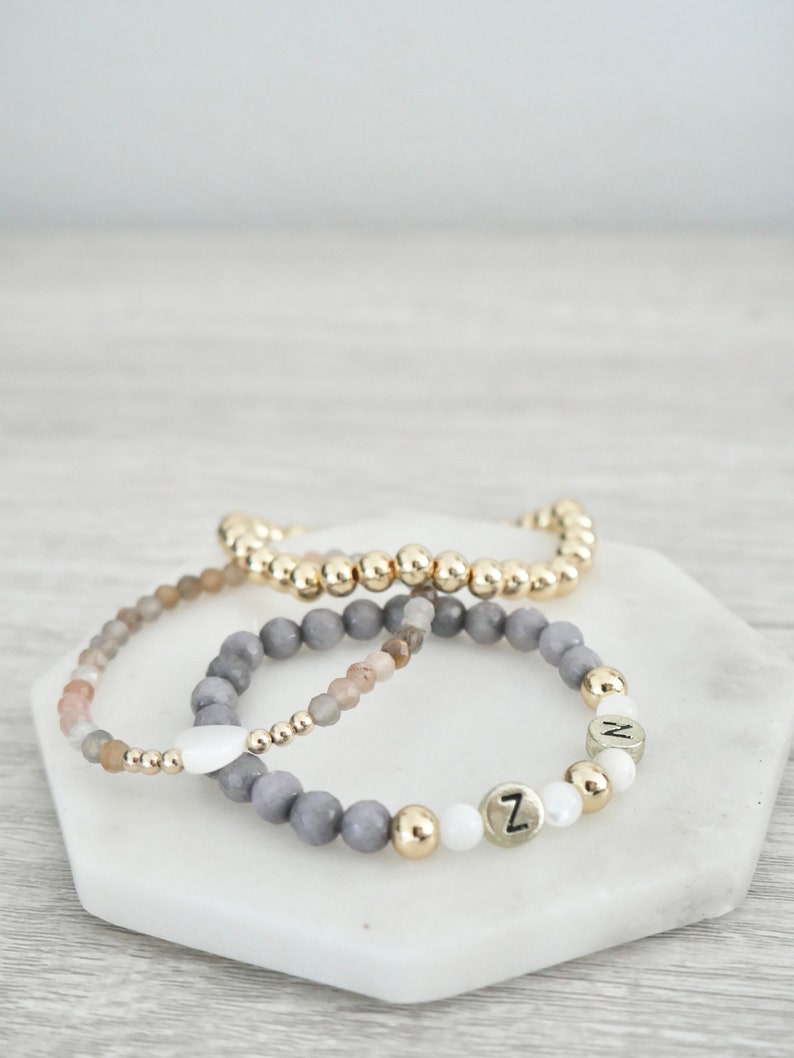 Personalized Name Gray Agate, Mother of Pearl Gold Filled Beaded Bracelet Stacking Mama Bracelet Kids Name Bracelet image 3