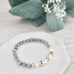 Personalized Name Gray Agate, Mother of Pearl Gold Filled Beaded Bracelet Stacking Mama Bracelet Kids Name Bracelet image 4