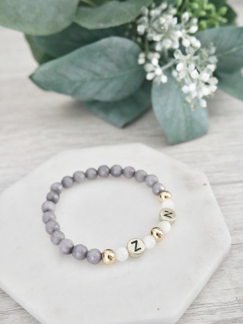 Personalized Name Gray Agate, Mother of Pearl Gold Filled Beaded Bracelet Stacking Mama Bracelet Kids Name Bracelet image 4