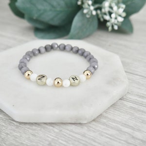 Personalized Name Gray Agate, Mother of Pearl Gold Filled Beaded Bracelet Stacking Mama Bracelet Kids Name Bracelet image 2