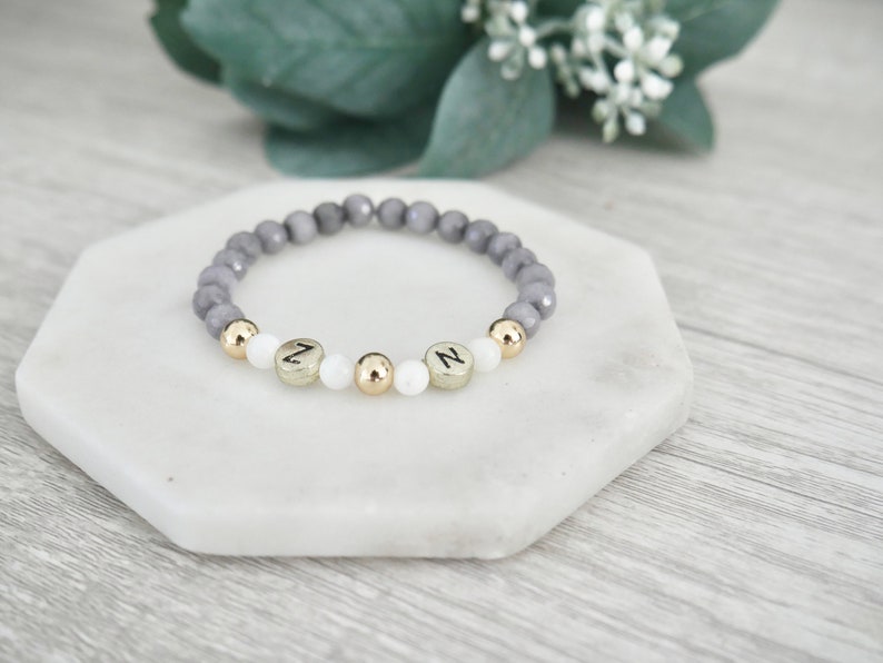 Personalized Name Gray Agate, Mother of Pearl Gold Filled Beaded Bracelet Stacking Mama Bracelet Kids Name Bracelet image 2