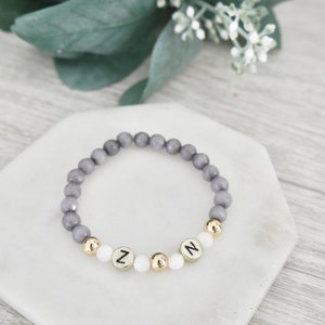 Personalized Name Gray Agate, Mother of Pearl Gold Filled Beaded Bracelet Stacking Mama Bracelet Kids Name Bracelet image 1