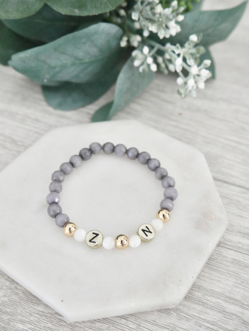 Personalized Name Gray Agate, Mother of Pearl Gold Filled Beaded Bracelet Stacking Mama Bracelet Kids Name Bracelet image 1