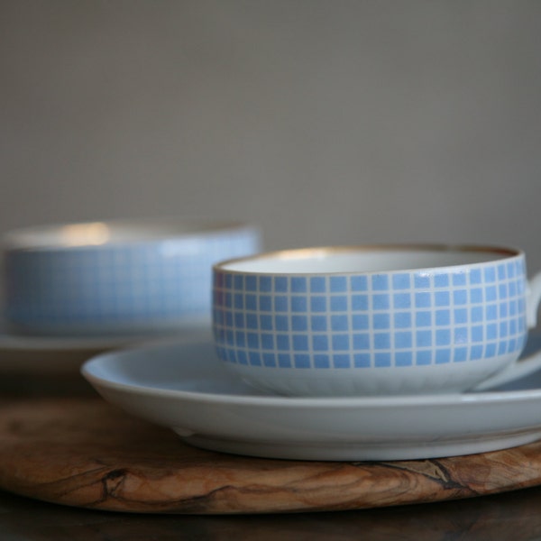 Vintage Soviet light blue and white checkered coffee/ tea cups. Retro kitchen decor.