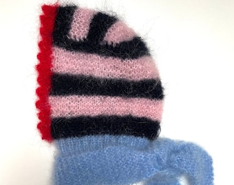 Super soft handmade knitted mohair stripy bonnet hood hat