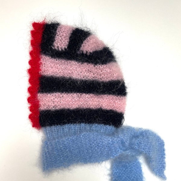 Super soft handmade knitted mohair stripy bonnet hood hat