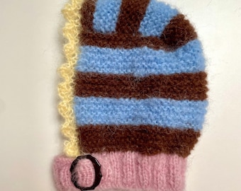 Super soft handmade knitted mohair stripy bonnet hood hat balaclava with vintage buckle