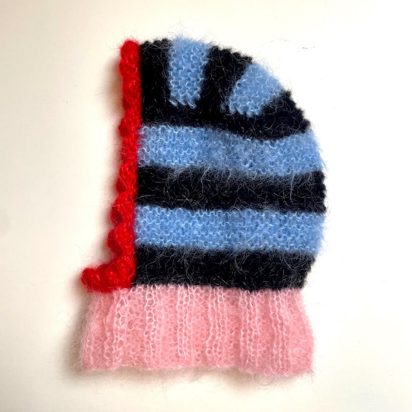 Super soft handmade knitted mohair & alpaca stripy bonnet hood balaclava hat