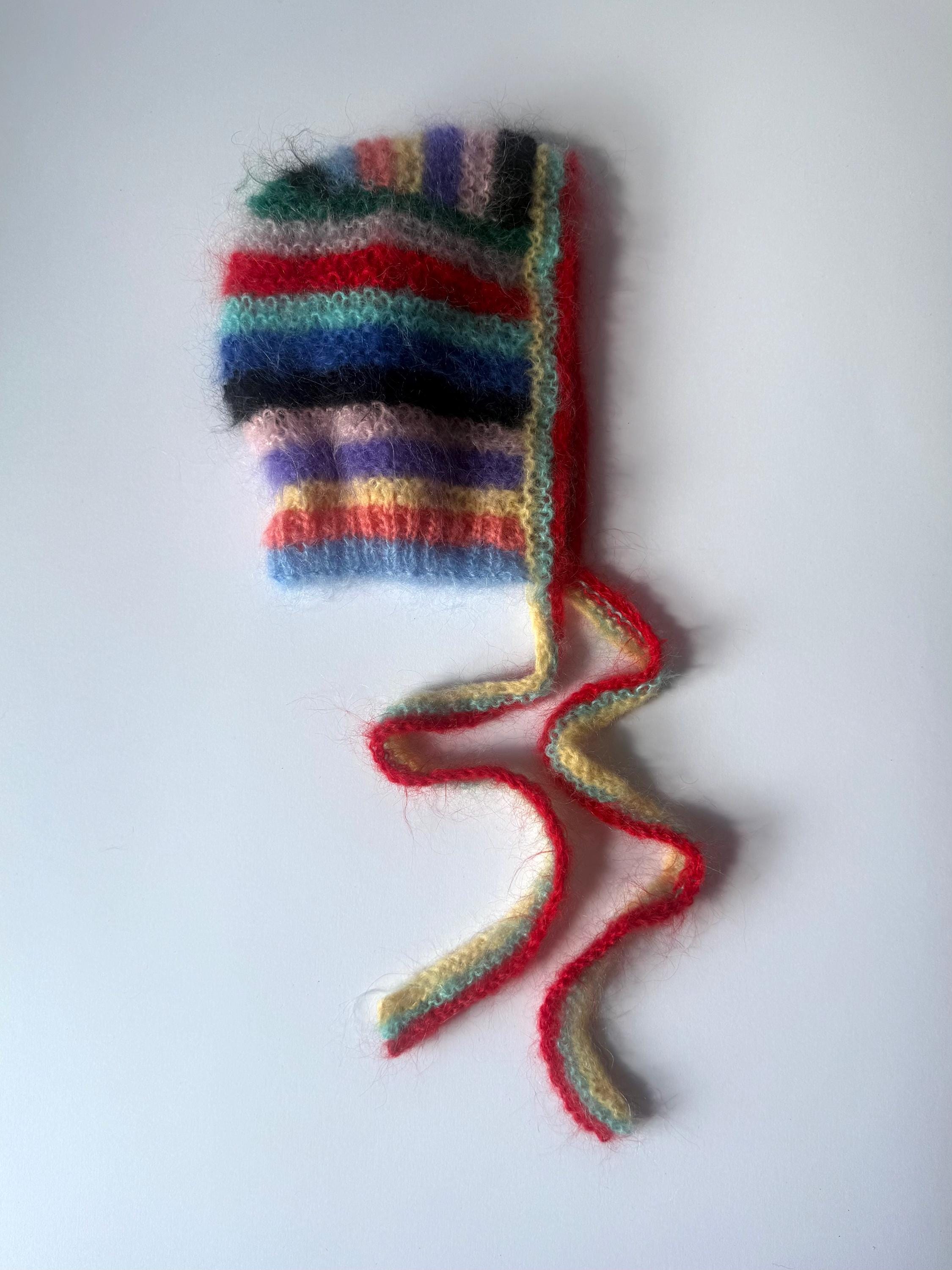 Knitted mohair&alpaca stripy bonnet hood hat and stripy mohair & alpaca mittens Super Soft Handmade Knitted Mohair & Alpaca Stripy Bonnet  main image 4