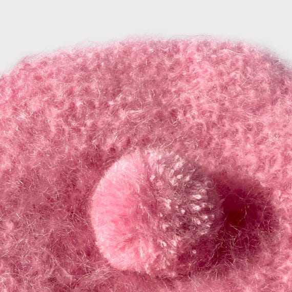 Handknitted Pink Mohair & Alpaca Beret With Pompom and Bow 