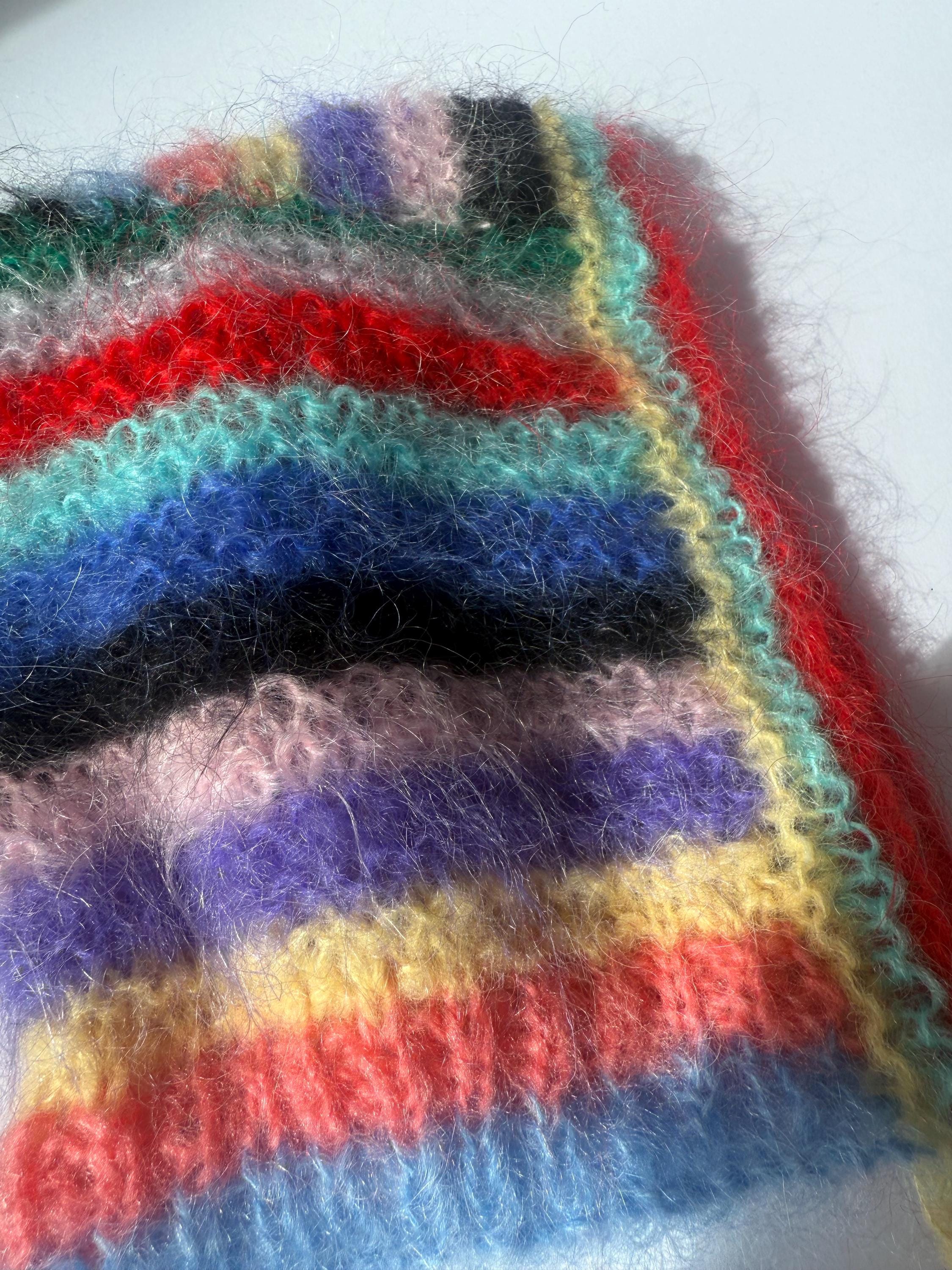 Knitted mohair&alpaca stripy bonnet hood hat and stripy mohair & alpaca mittens Super Soft Handmade Knitted Mohair & Alpaca Stripy Bonnet  main image 3