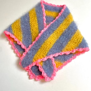 Fluffy mohair, wool & cashmere striped triangle hand knitted scarf with scalloped edge