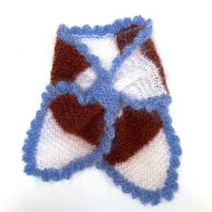 Super soft ginger & off-white stripe neck warmer/ scarf with cornflower blue scalloped edge