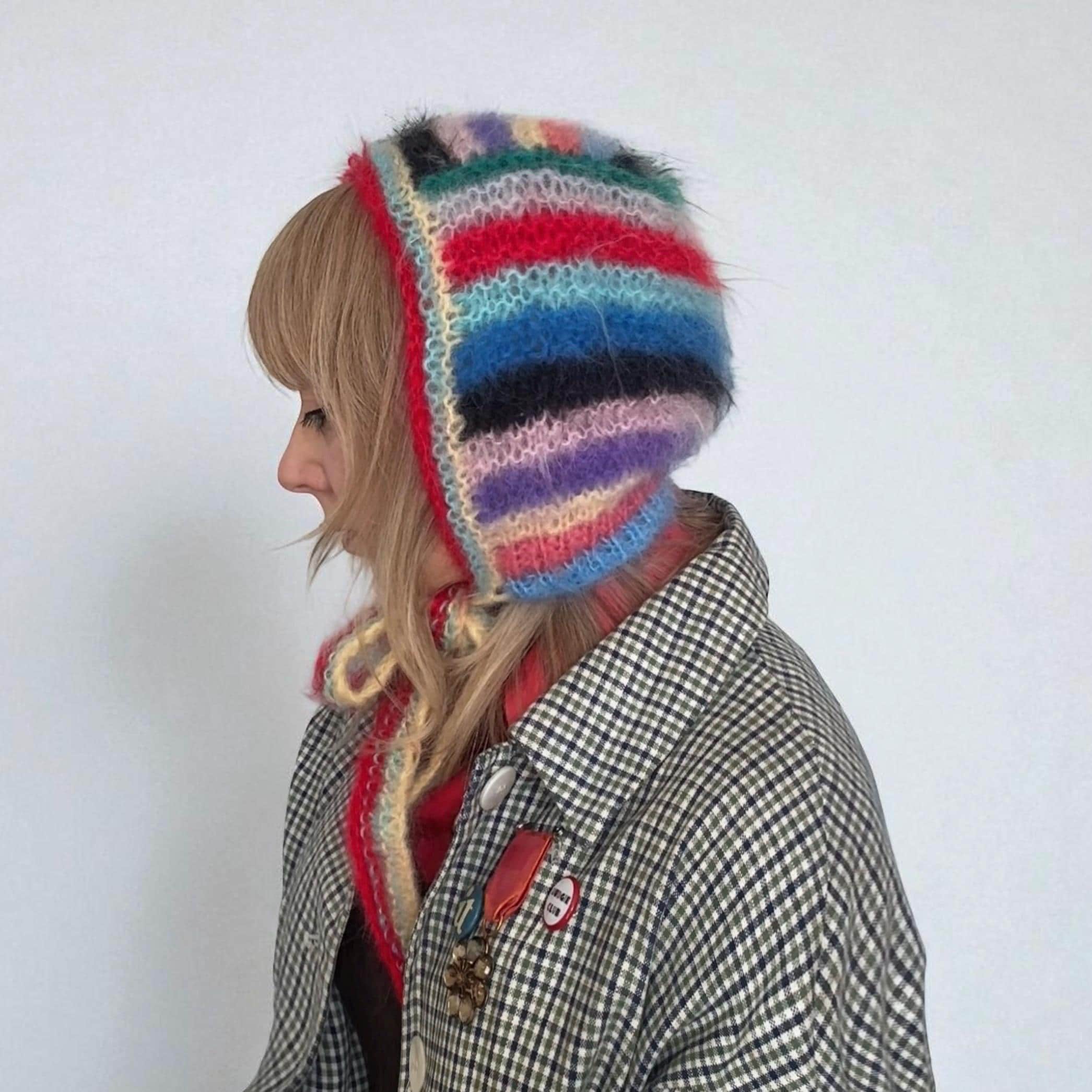 Super Soft Handmade Knitted Mohair and Alpaca Stripy Bonnet  display picture 2