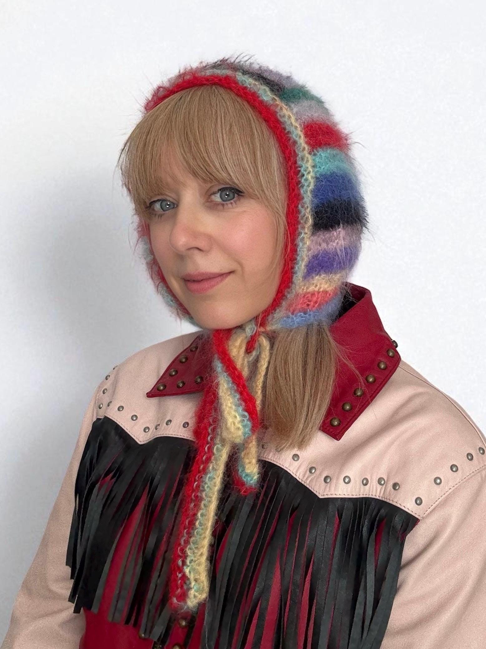Knitted mohair&alpaca stripy bonnet hood hat and stripy mohair & alpaca mittens Super Soft Handmade Knitted Mohair & Alpaca Stripy Bonnet  main image 2