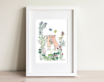 Pig Illustration, Pig Art Print, Whimsical Art Print, Watercolor Art Print, Giclée Print, Illustration Print, Nursery Art, Couples Gift