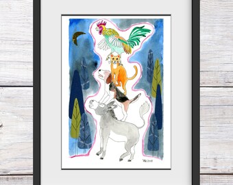 Storybook Illustration, Whimsical Animal Illustration, Whimsical Art Print, Paper Collage Art, Children's Wall Art, Giclée Print