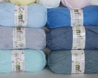 King Cole Baby COMFORT DK 1 skein super soft 100g 340y/310m  Acrylic/Nylon Stonewash Saxe Lemon Eau de Nil Glacier Silver Sky Pink White