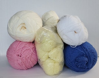 Lion Brand POUND OF LOVE   Partially Used / Unraveled  Skeins Antique white, Denim, Pink, Pastel Yellow White