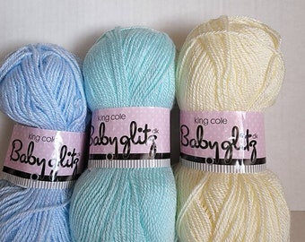 King Cole BABY GLITZ DK Bundled partially used or unraveled  97% Premium Acrylic 3 Polyester  Lemon, Mint, Pink, Sky