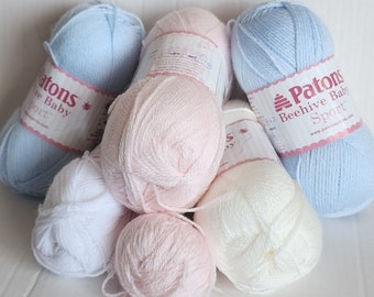 Patons Beehive Baby Sport Acrylic & Nylon Yarn  White Vintage Lace Bonnet Blue Delicate Green Precious Pink  USED BUNDLES