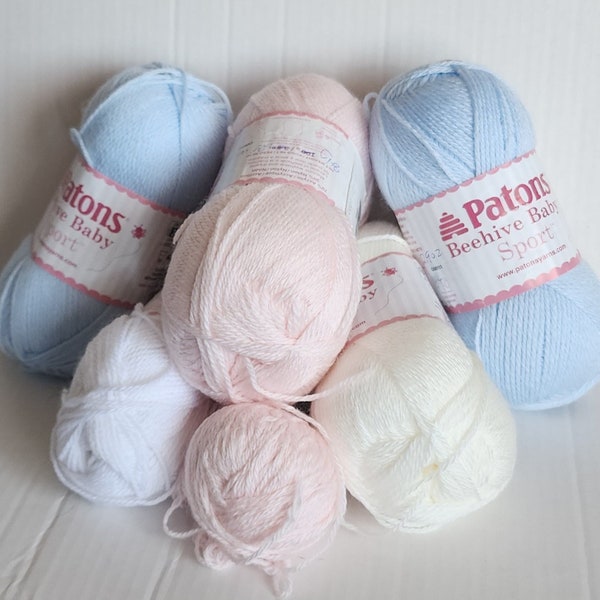 Patons Beehive Baby Sport Acrylic & Nylon Yarn  White Vintage Lace Bonnet Blue Delicate Green Precious Pink  USED BUNDLES