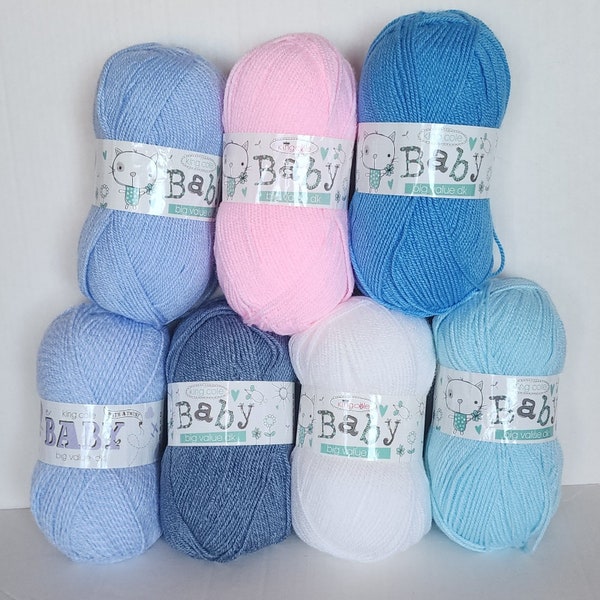 King Cole BIG VALUE BABY dk 1 skein 100g 320y/290m 100% Premium Acrylic Blue Twist Jeans Light Blue Pink Sky Turquoise White