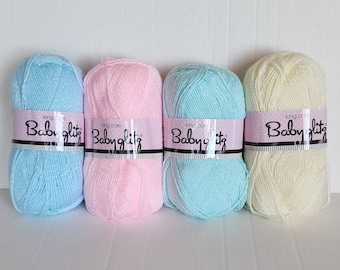 King Cole BABY GLITZ DK single or 2 skeins 100g 317y/290m 97% Premium Acrylic 3 Polyester Lemon, Mint, Pink, Turquoise