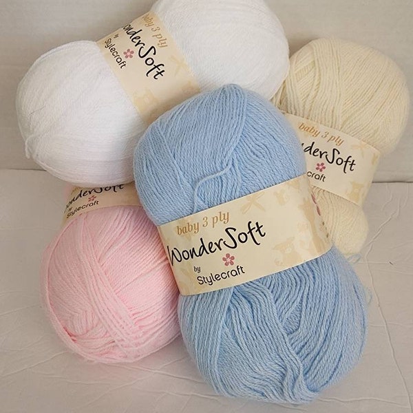 Stylecraft WONDERSOFT Baby 1 skein 3 Ply 100g 100% Premium Acrylic Yarn Shades 1005 Vanilla, 1030 PastelPink, 1032 SkyBlue, 1001 SnowWhite