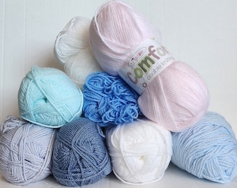 King Cole Baby COMFORT DK patially used/unraveled/bundled 100g 340y/310m Acrylic/Nylon Stonewash Pale Pink Eau de Nil Saxe Silver Sky White