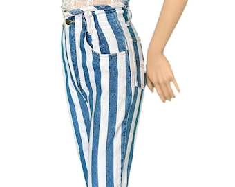 1980s Striped High Waist Denim Jeans, Tapered Ankle, Size XS