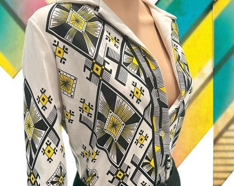 1960's -70's Mod Abstract Bold Print Long Sleeve Blouse, Size Large - XL