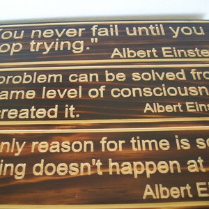 May include: Wooden plaques with quotes by Albert Einstein. The top plaque reads "You never fail until you stop trying." The middle plaque says "No problem can be solved from the same level of consciousness that created it."