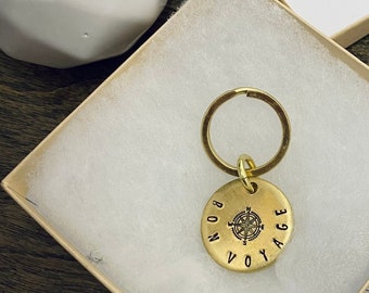 Bon Voyage Compass Keychain | Customizable Thick Hand-Stamped Brass Metal Tag | Honeymoon Wedding Gift | Luggage Tag | Anniversary | Travel
